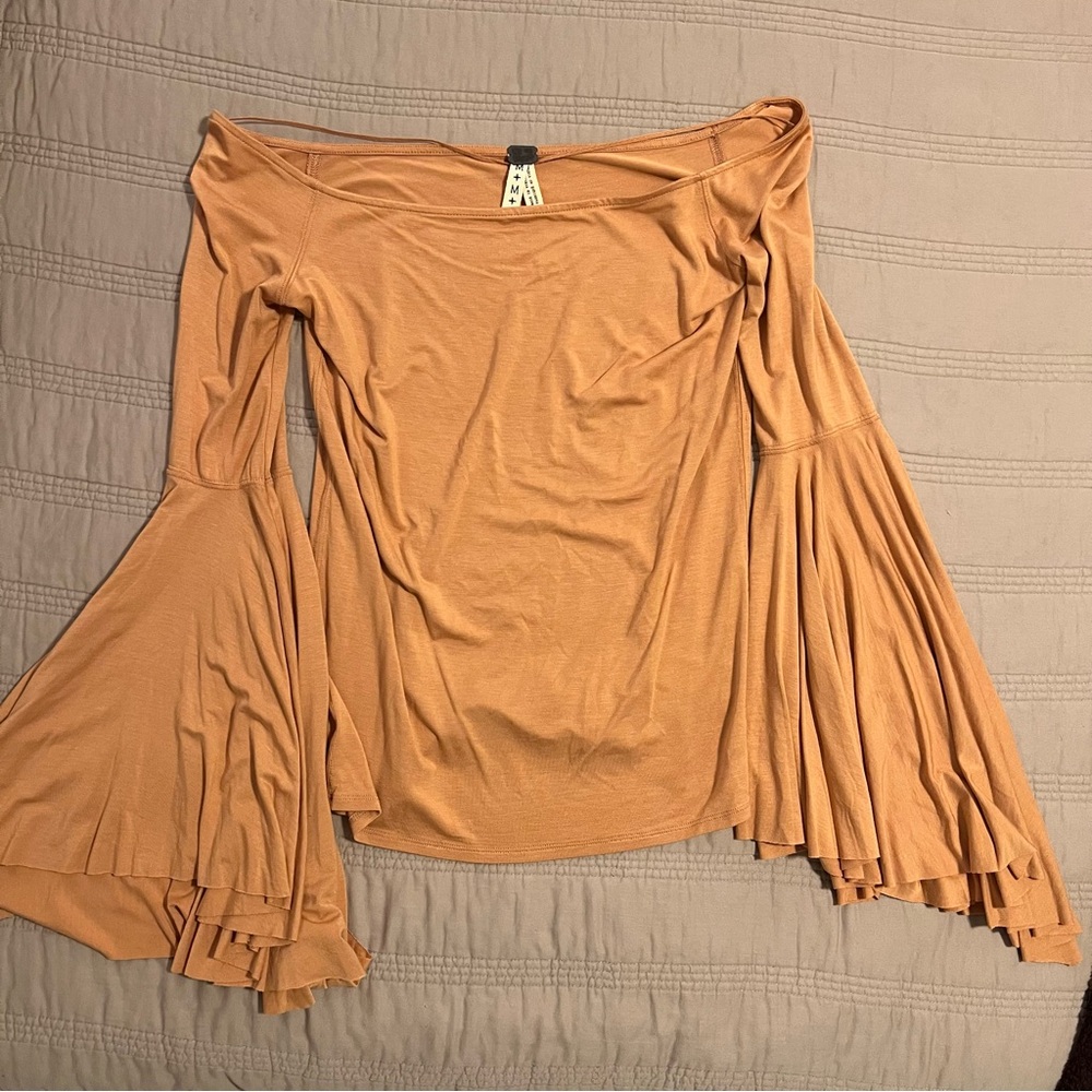 We The Free Tan Off-Shoulder Top bell Sleeves Birds of Paradise - Picture 2 of 8